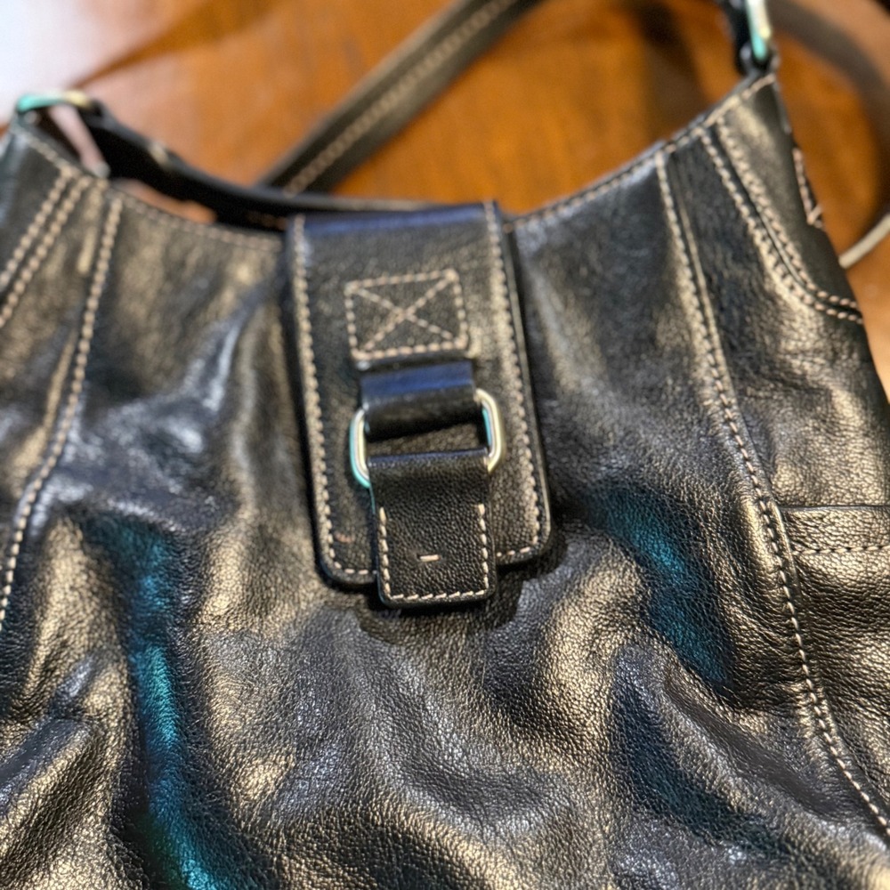 Fossil Black Pebbled‎ Leather Crossbody Bag Contrast Stitching Small Messenger - Picture 2 of 8